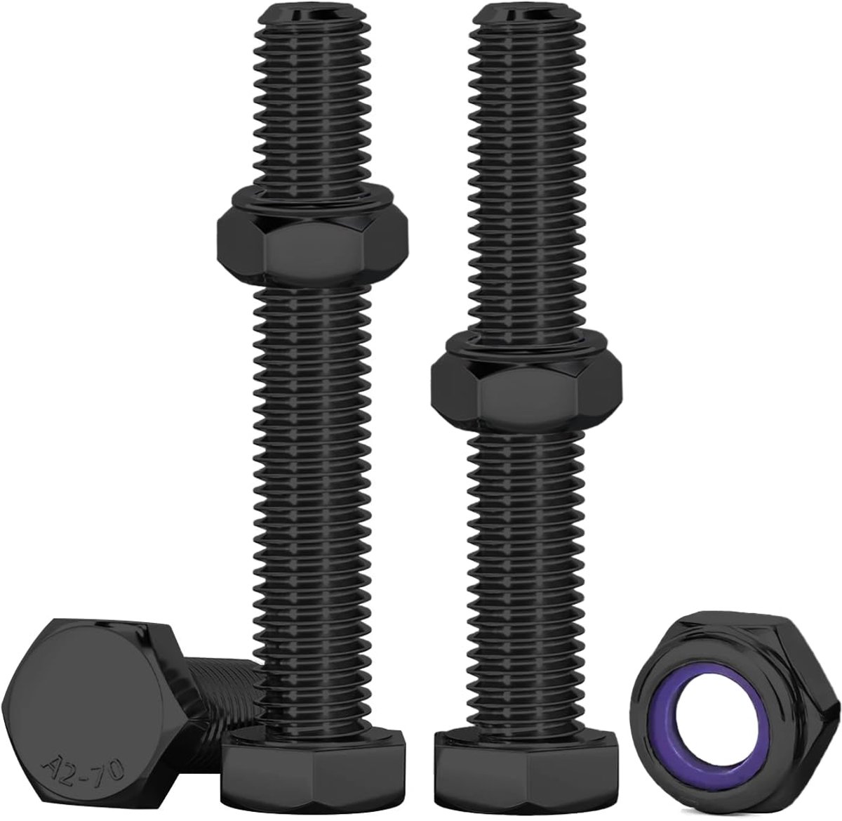 Zelfborgende bouten en moeren, M6 x 50 mm, 10 stuks zeskantschroeven en moeren, set, zwart, M6 roestvrij staal, A2, V2A, assortiment met moeren, voor machines, fietsen, 3D-print