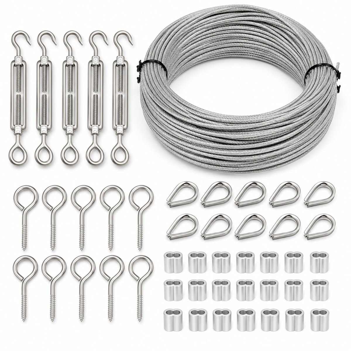 staalkabel met ogen, 30 m draadkabel 6 mm gecoat staalkabel set met draadspanner, spanschroef en kabelspanner van roestvrij staal, draadkabel met ogen, kabelspanset voor waslijn met