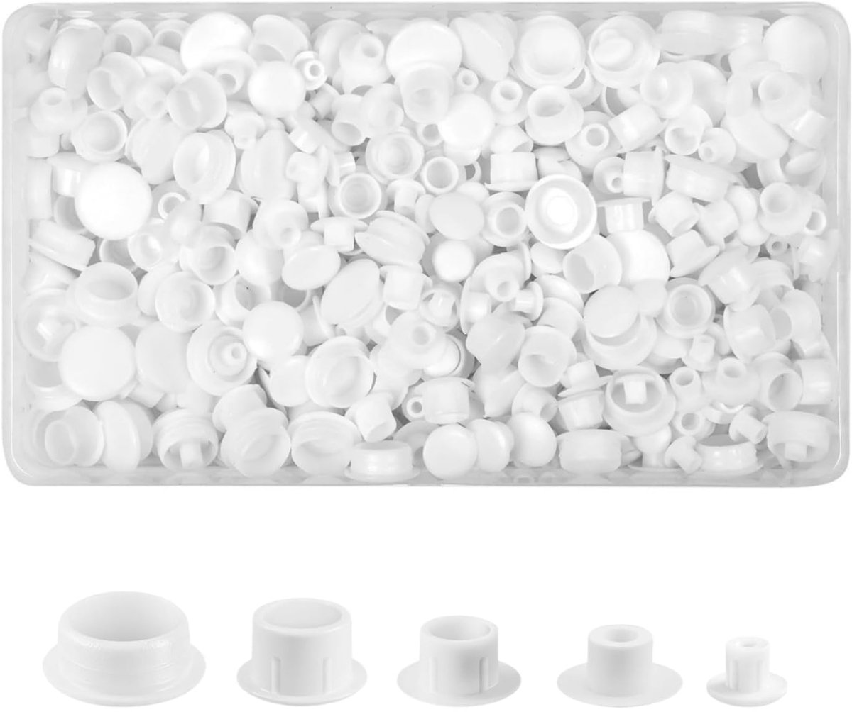 200 stuks, 5 maten, witte kunststof schroefgatafdekkingen met opbergdoos voor meubels, kasten, rekken (5 mm/6 mm/8 mm/10 mm/12 mm)