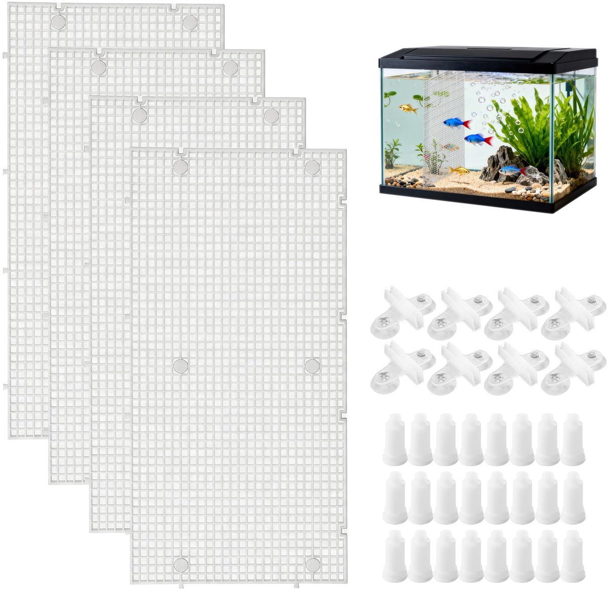 4 stuks scheidingswanden voor aquaria met 8 zuignappen en 24 houders, 30 x 15 cm scheidingswand aquarium, roosterplaat voor het scheiden van vissen, gebruikt voor bodembescherming en
