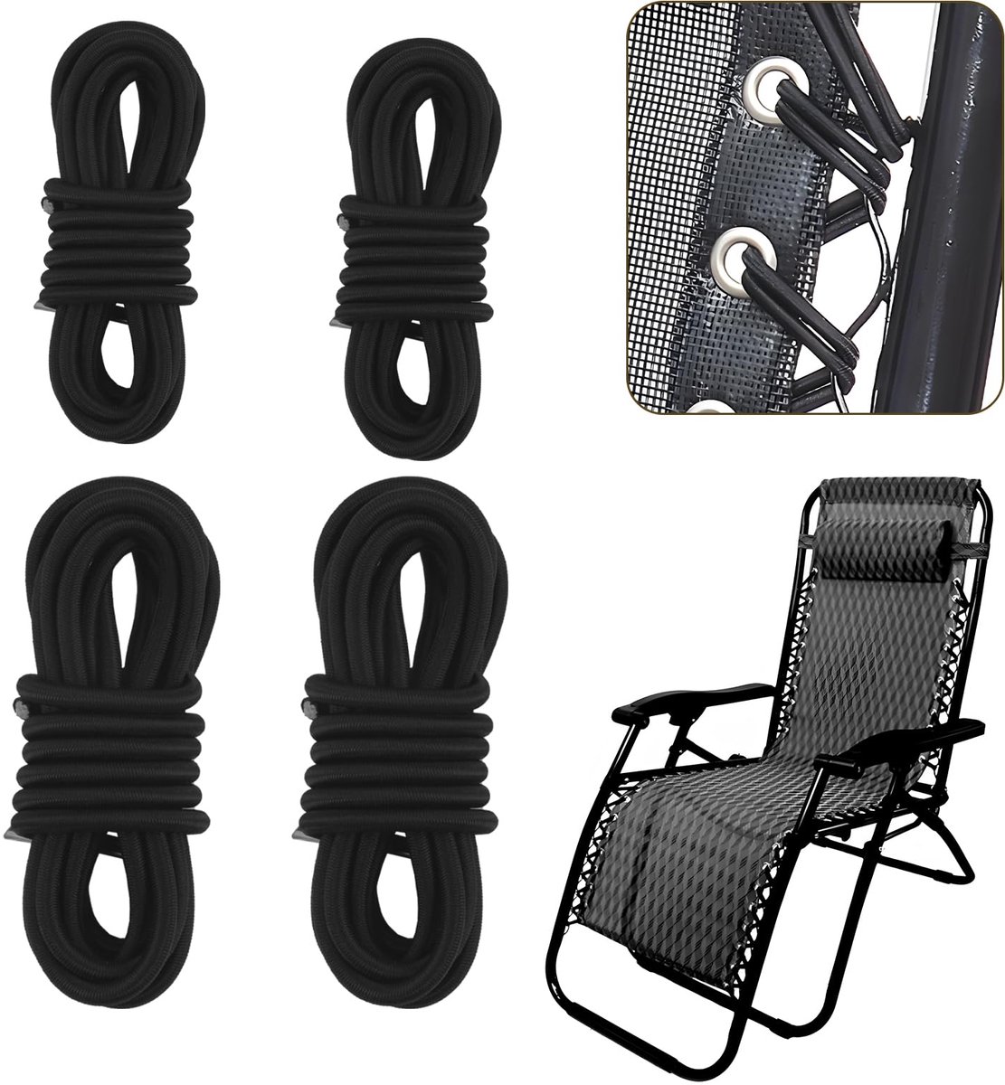 4 stuks reservekoorden voor Zero Gravity stoelen, hoogwaardig elastisch reservekabels voor ligstoelen, klapstoelen en relaxstoelen, duurzaam en weerbestendig, 2 lange en 2 korte koorden