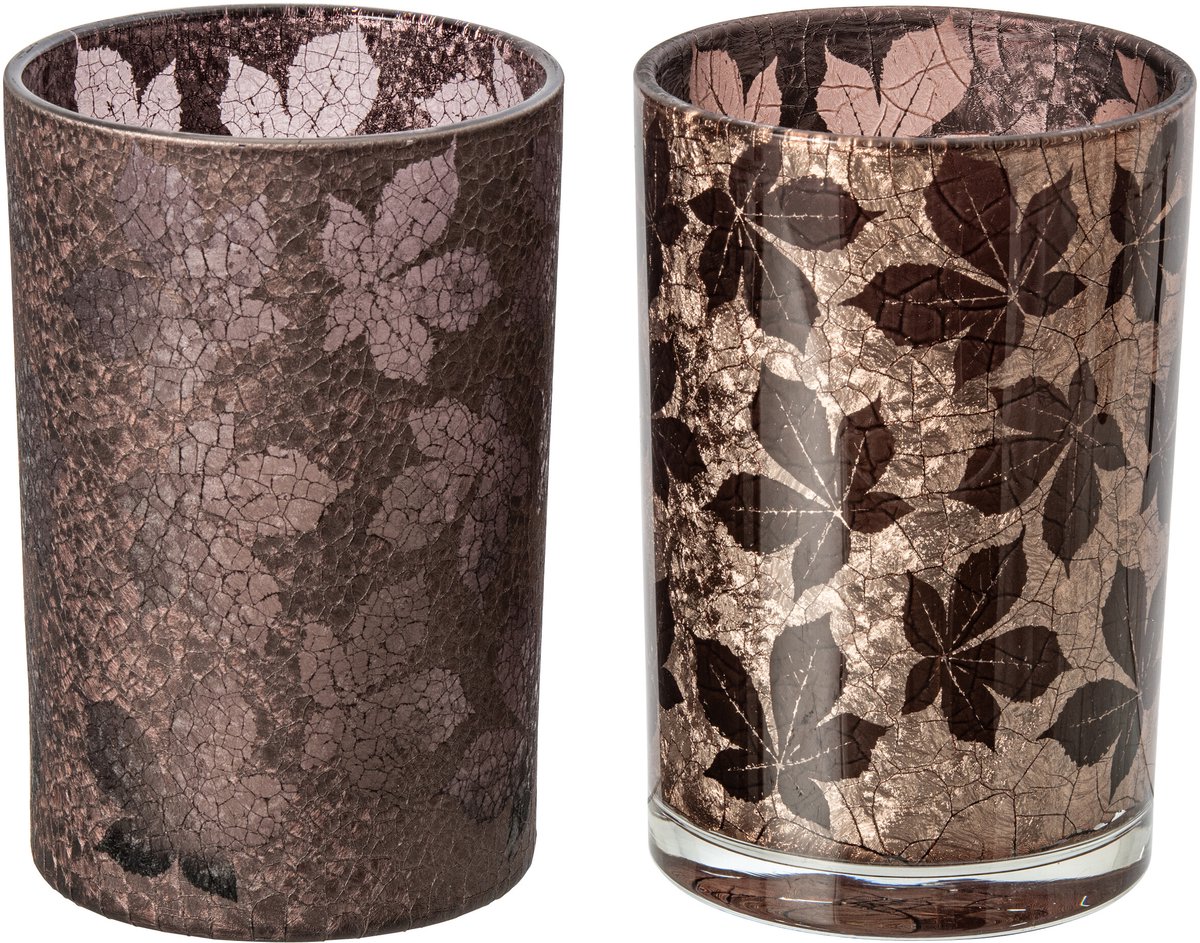 J-Line Gebarsten windlicht met bladeren - glas - donkerbruin/beige - large - assortiment van 2