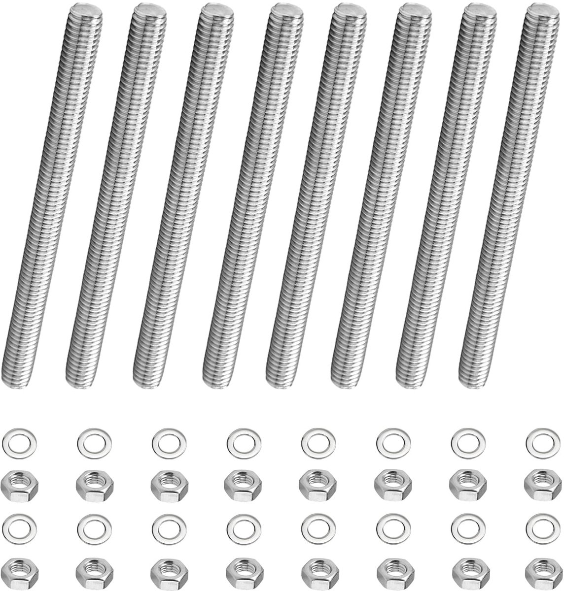 M6 x 300 mm, met 16 zeskantmoeren en 16 sluitringen, draadstangen, roestvrij staal, draadstaven, voor meubelbouw, machinemontage, 8 stuks