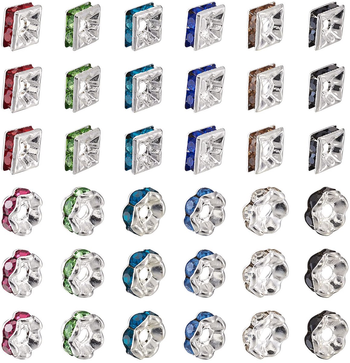 100 stuks vierkante en rondelle strass afstandskralen, 6 mm gemengde kleur, verzilverd kristal, losse kralen voor kettingen, armbanden, sieraden maken, 100 stuks