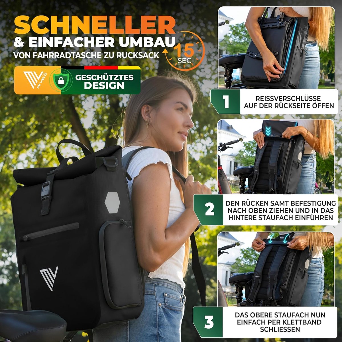 SnelShoppen - MIVELO 3-in-1 Fietstas voor Bagagedrager, Rugzak & Bagagedragertas - 100% Waterdichte Fietsrugzak met Laptopvak & Schouderband - Zwart,