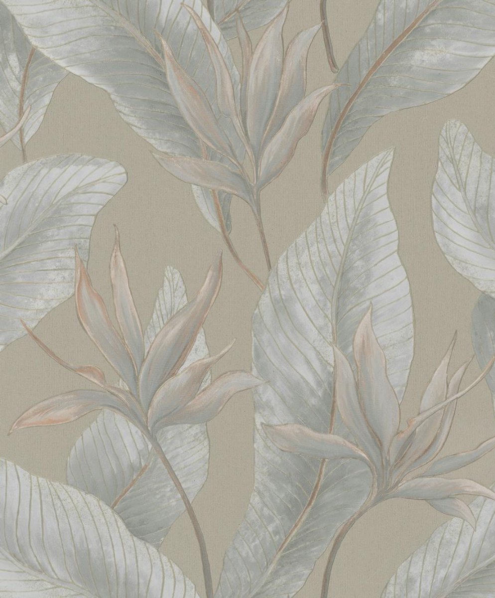 Behang - Bladeren - Linnenstructuur - Metallic Glans - Taupe Zilver - Hotel Chique - Vliesbehang - Woonkamer Slaapkamer - 0,53 x 10,05 M – Whisper