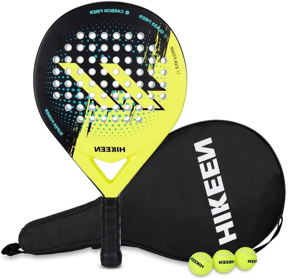 Padel Racket van Carbon en Fiberglas met EVA Foam Kern, Duurzaam en Goed Gebalanceerd voor Beginners en Gevorderden, Inclusief Draagtas en Tennisballen