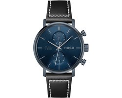 HUGO HU1530466 Takeoff Heren Horloge Zwart Leer, Blauwe Wijzerplaat
