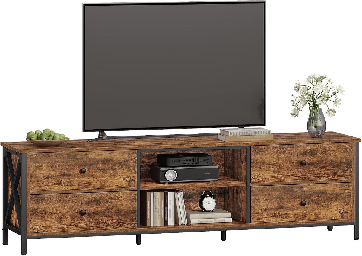 Hzuaneri TV-kast met 4 laden, 40 x 178 x 50, tv-kast, TV-standaard voor tv's onder 80 inch, met 2 open vakken, voor woonkamer, slaapkamer, vintage bruin-zwart