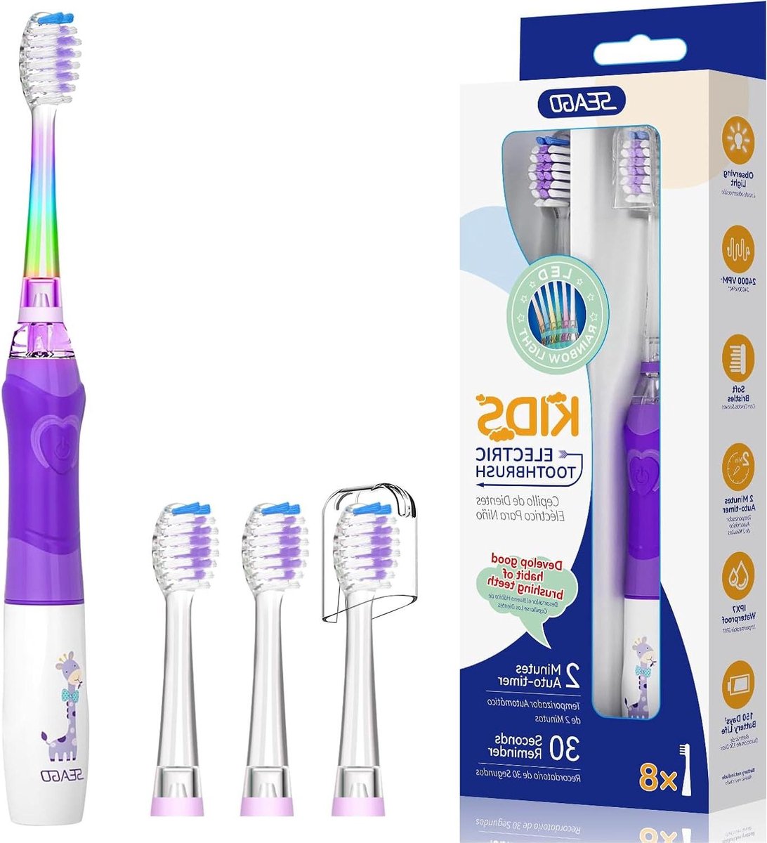 Elektrische Kindertandenborstel - Sonische Borstel - Mondhygiëne - Met Timer & Licht - 4 Borstelkoppen - Gekleurd
