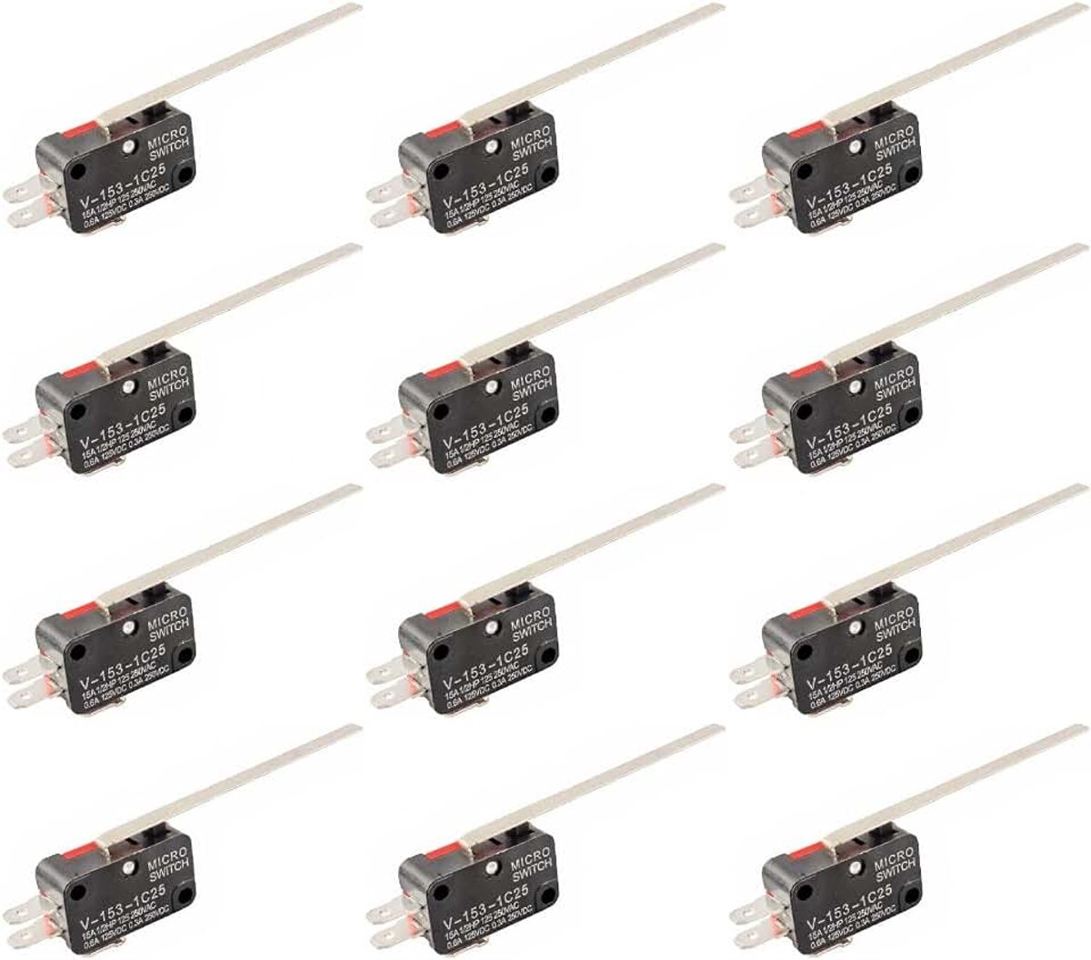 12 Pcs Microschakelaar V-153-1C25 Micro Eindschakelaar met Lange Rechte Scharnier Hefboomarm SPDT 1NO 1NC 3Pin Momentschakelaar Drukknop SPDT Snap Action