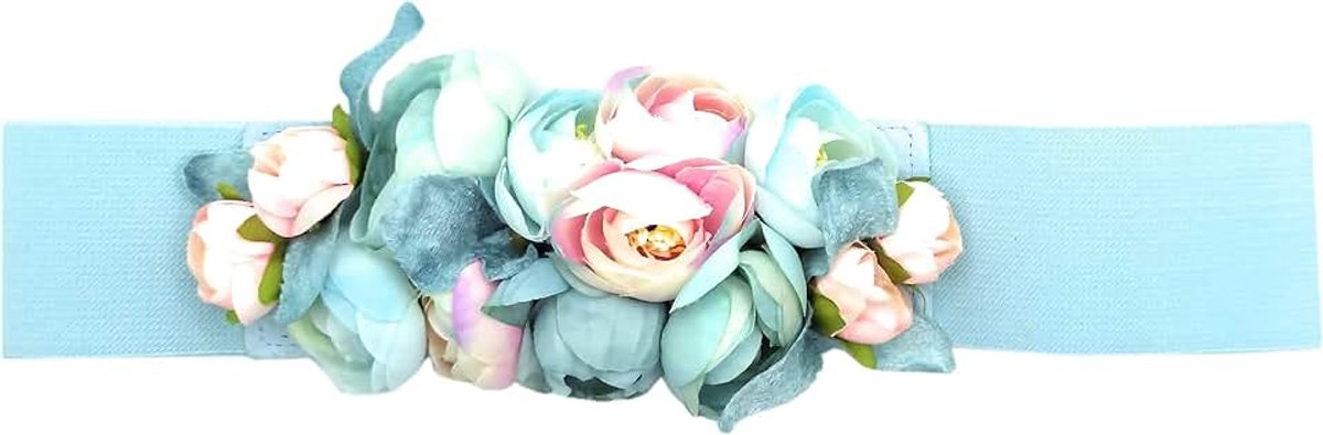 Bloemenriem voor damesjurken, elastisch, met kunstbloemen, lichtblauw lint bloemen, hasta talla 40