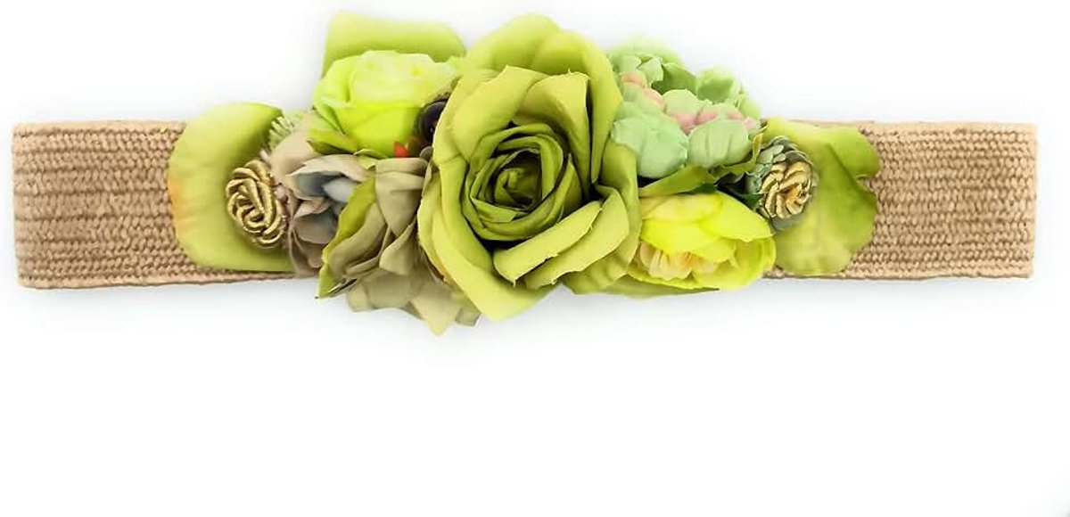 Bloemenriem voor feestjurken voor dames, elastische riem met kunstbloemen, Band van bast, bloemen, lichtgroen, hasta talla 40