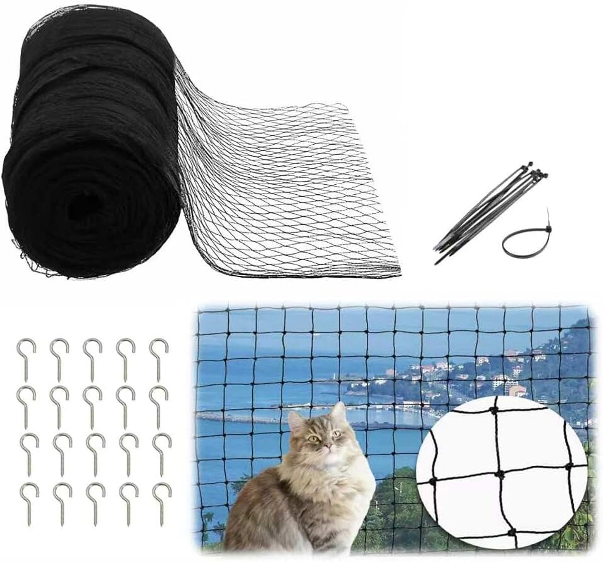 Balkonnet voor katten, 2 x 3 meter, robuust kattenbeschermingsnet met staaldraadversterking, beet- en scheurbestendig, uv-bestendig en weerbestendig, incl. montagetouw en spijkers voor balkon