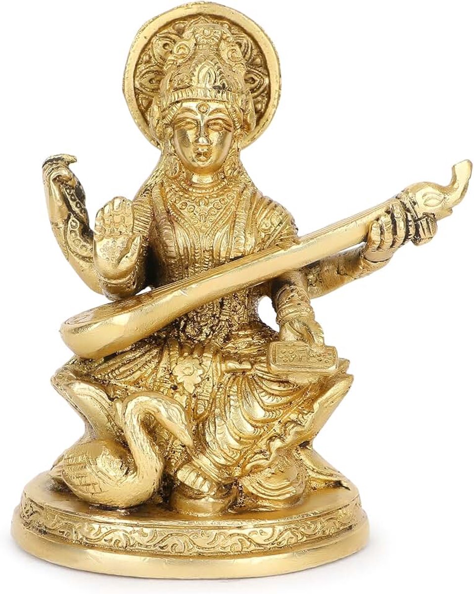 Impex Messing Saraswati Idol Saraswati Godin Zittend standbeeld op Lotus voor Home Puja-tempel