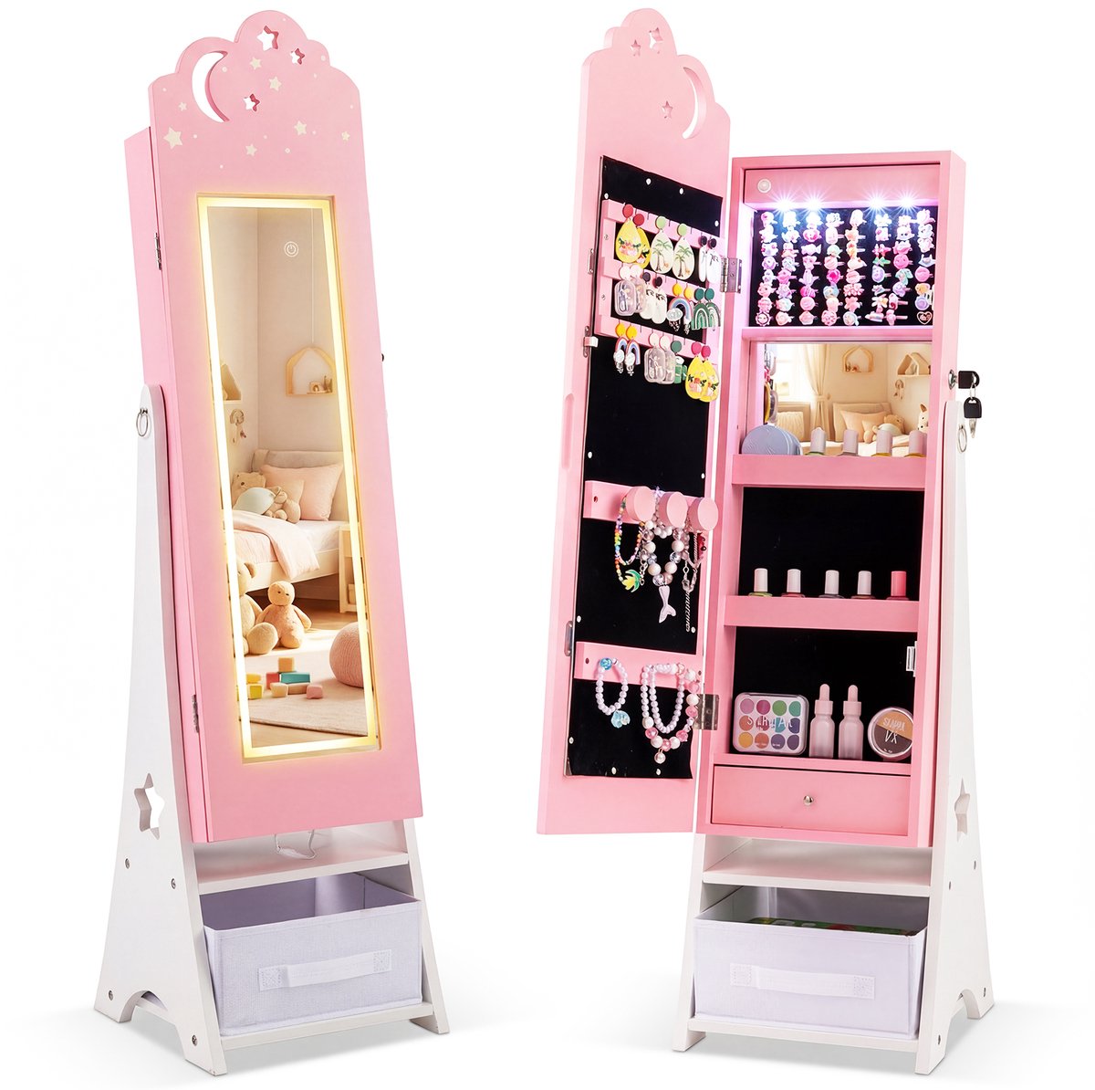 COSTWAY 2-in-1 sieradenkast voor kinderen met verlichting, spiegelkast afsluitbaar met full-body spiegel, binnenspiegel, 4 ledlampen en 2 laden, sieradenorganizer kantelbaar voor kinderkamer (roze)