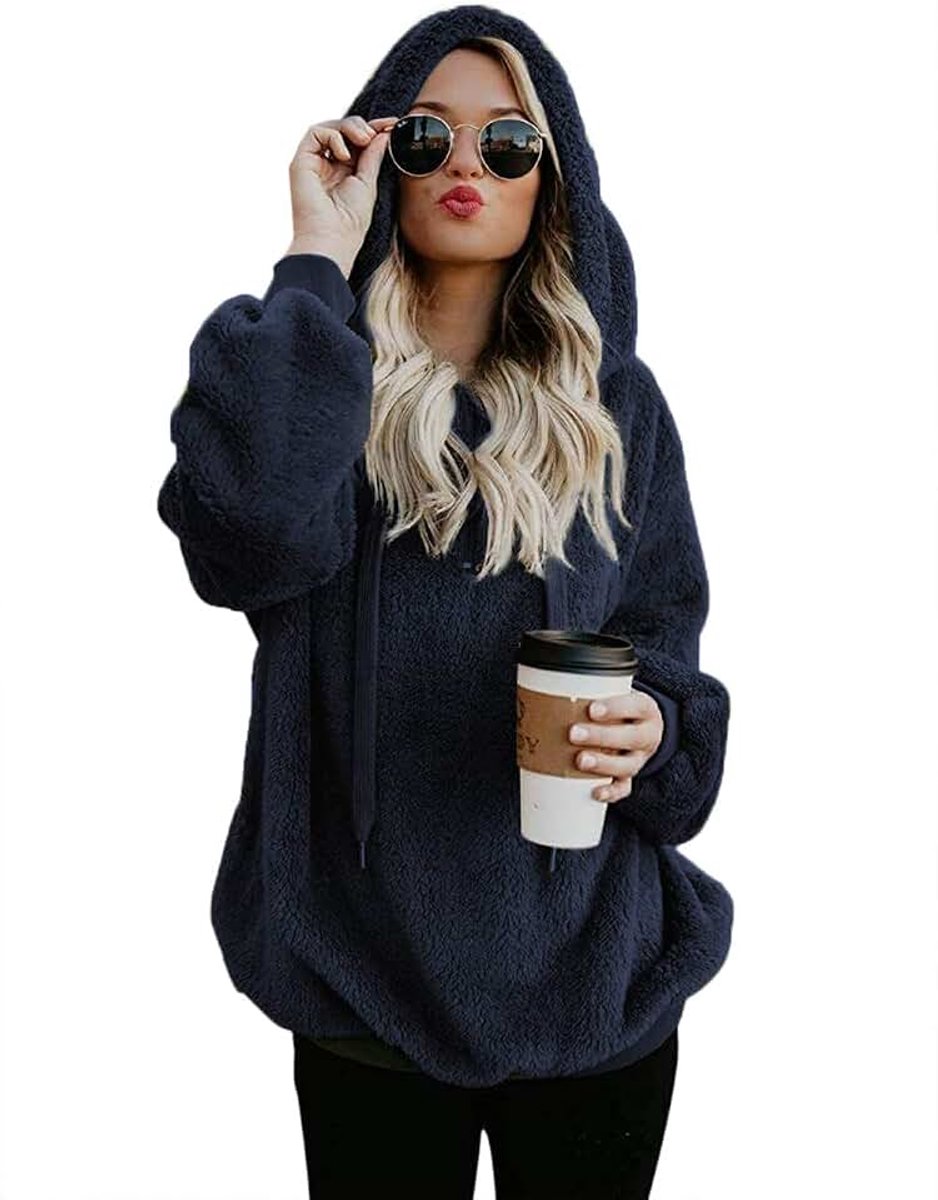 IWoo Hoodie dames capuchonpullover teddy fleece pullover herfst winter warm bovendeel lange mouwen effen casual sweatshirt