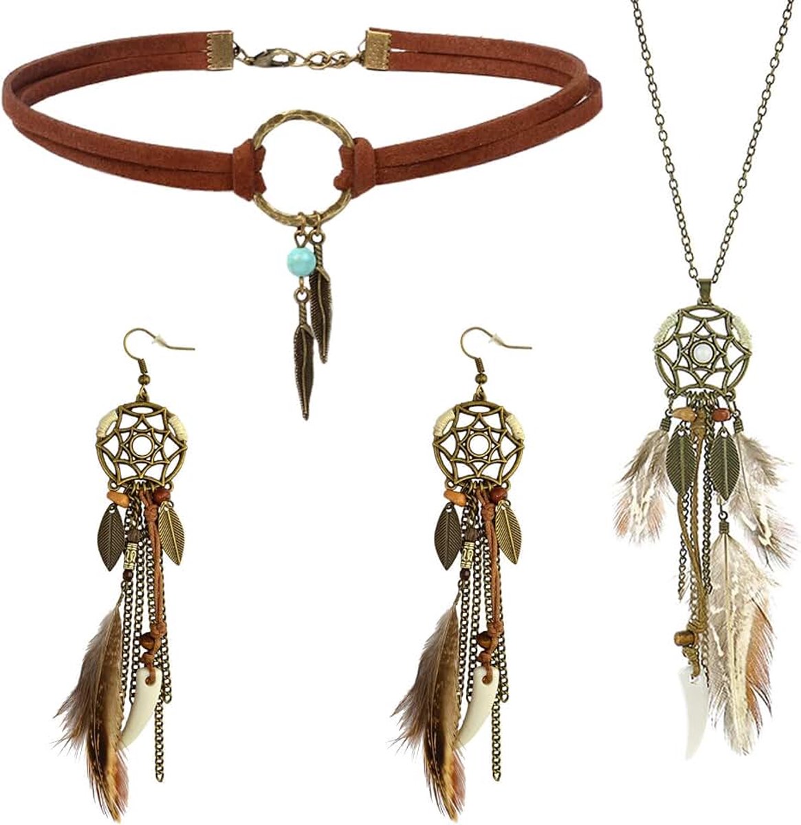 Sieradenset voor dames, boho, veer, dromenvanger, oorbellen, drop, leer, choker, halsketting, vintage, bohemian veer, hanger, oorbellen, handgemaakt, retro, turquoise, sieradensets, turquoise