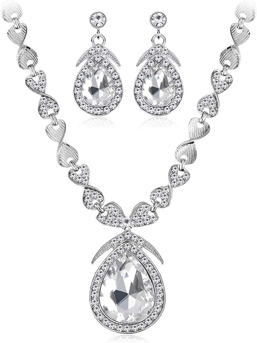 Sieradenset voor dames, strass, kristal, bruid, halsketting, zilver, strass, oorbellen, bruiloft, verloving, bruid, bruidsmeisje, gala, geschenk, sieraden