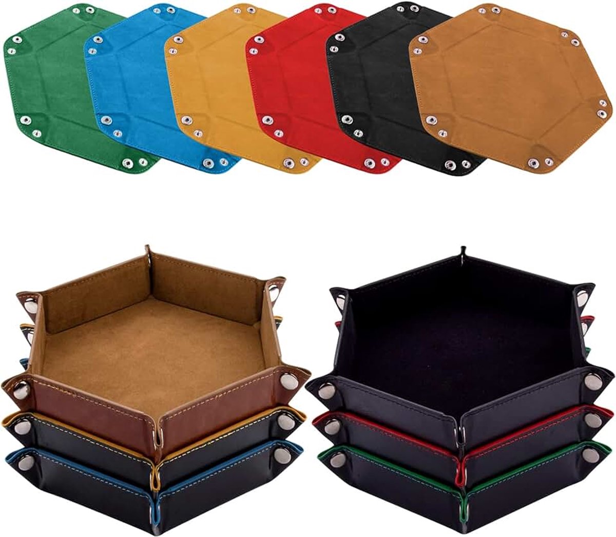 6 stuks dobbelstenen lade zeshoek dobbelstenen rolhouder PU lederen vouwdobbelstenen trays voor dobbelstenen spellen zoals RPG, DND en andere tafelspellen (kameel, zwart, rood, geel, blauw,