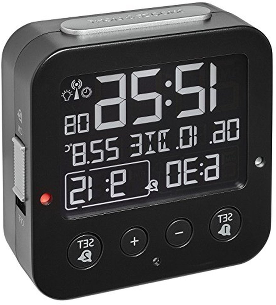 Radio Gestuurde Wekker - Digitale Klok - Tijd Weergeven - Automatische Verlichting - 81x33x81 mm - Zwart Zilver