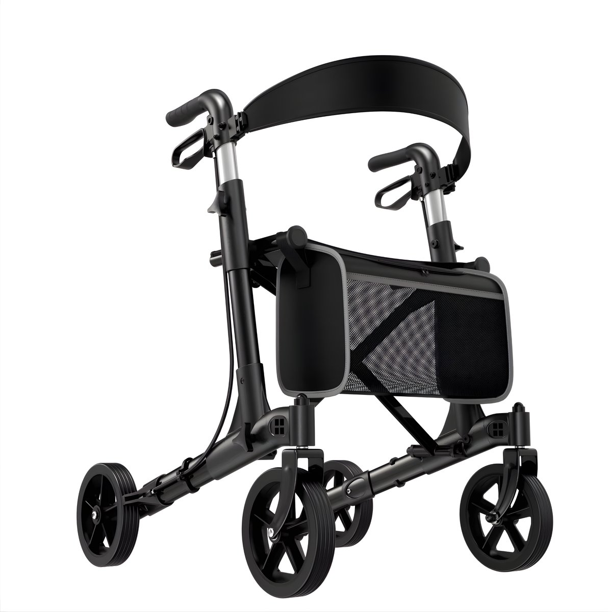 Opvouwbare rollator – Voor senioren – Rollator met zitje, duurzaam aluminium – Grote wielen 20 cm voor alle terreinen, zwart
