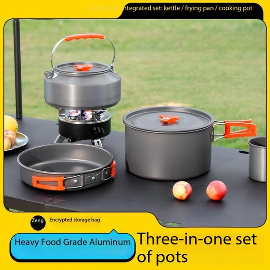 3-delige Campingkooksets - Kampeerset - Kookset - Buitenkookgerei - Kampeerpannen - Opvouwbaar - Compact opbergen - Aluminium - Met kookpan, braadpan en waterketel - Geschikt voor kamperen, wandelen en buitenactiviteiten voor personen - Zwart‑Oranje — afbeelding 3