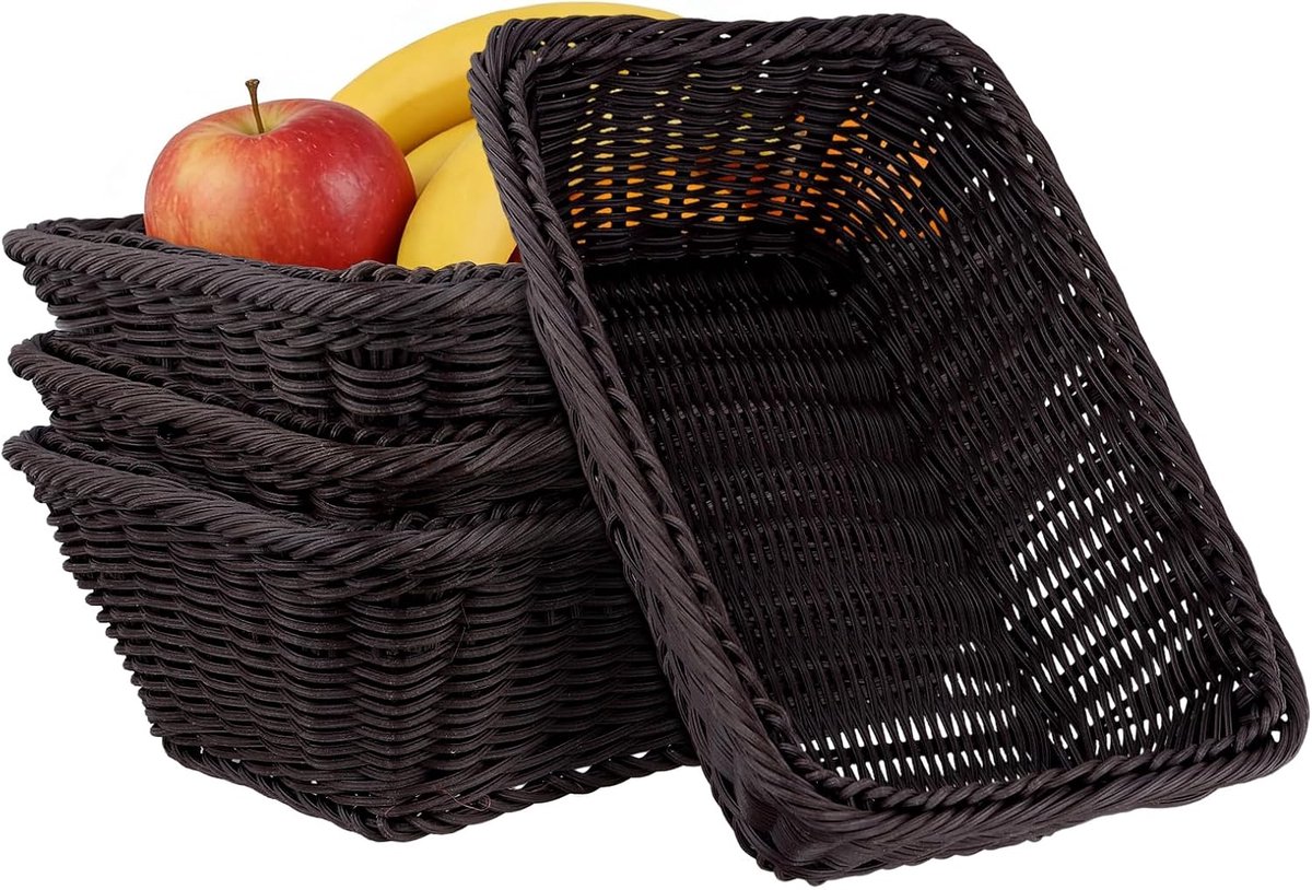 4 stuks 30 x 20 x 10 cm broodmand kunststof, rechthoekig, rotan mand voor brood, fruit, keuken, donkerbruin