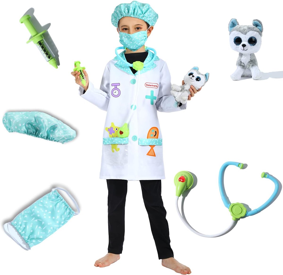 Party Veterinair Rollenspel Kostuum, Kinderen Dierenarts, Lab jas set, Inclusief Pluche Dier Patiënt, 5-7 jaar