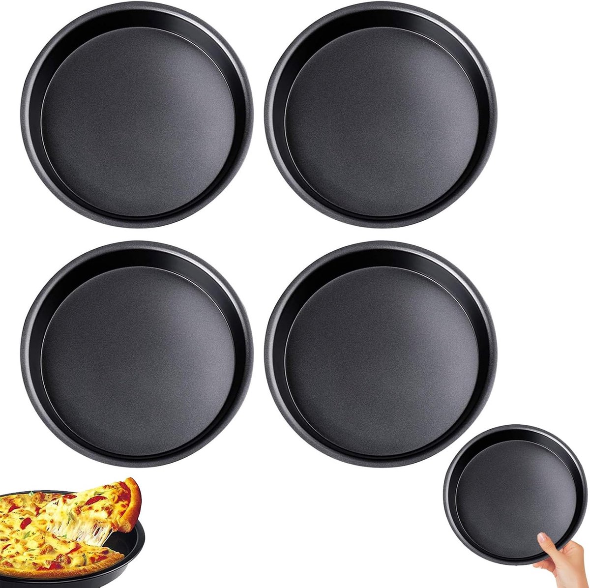 Set van 4 Mini Pizza Bakplaten - 18 cm, Kolenstaal, Anti-aanbak Coating, Perfect voor Kleine Taarten, Pizza en Gebak - Geschikt voor Gebak, Hartige en Zoete Gerechten