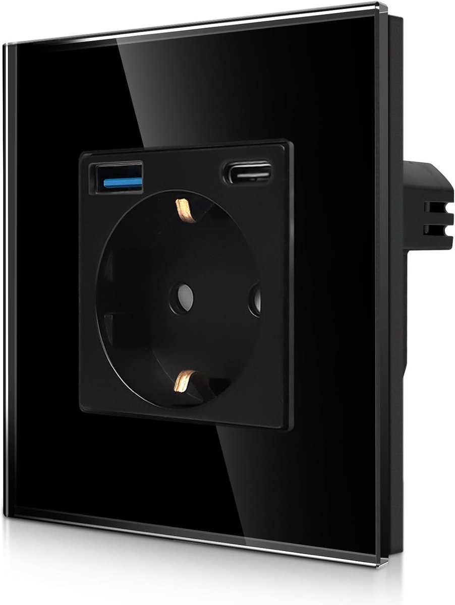 Enkel stopcontact met 2 x USB-poort (20 W snel opladen), 1 x (type C en USB-A), eenvoudig glazen Schuko-stopcontact, inbouw, zwarte wandcontactdoos met kinderbeveiliging