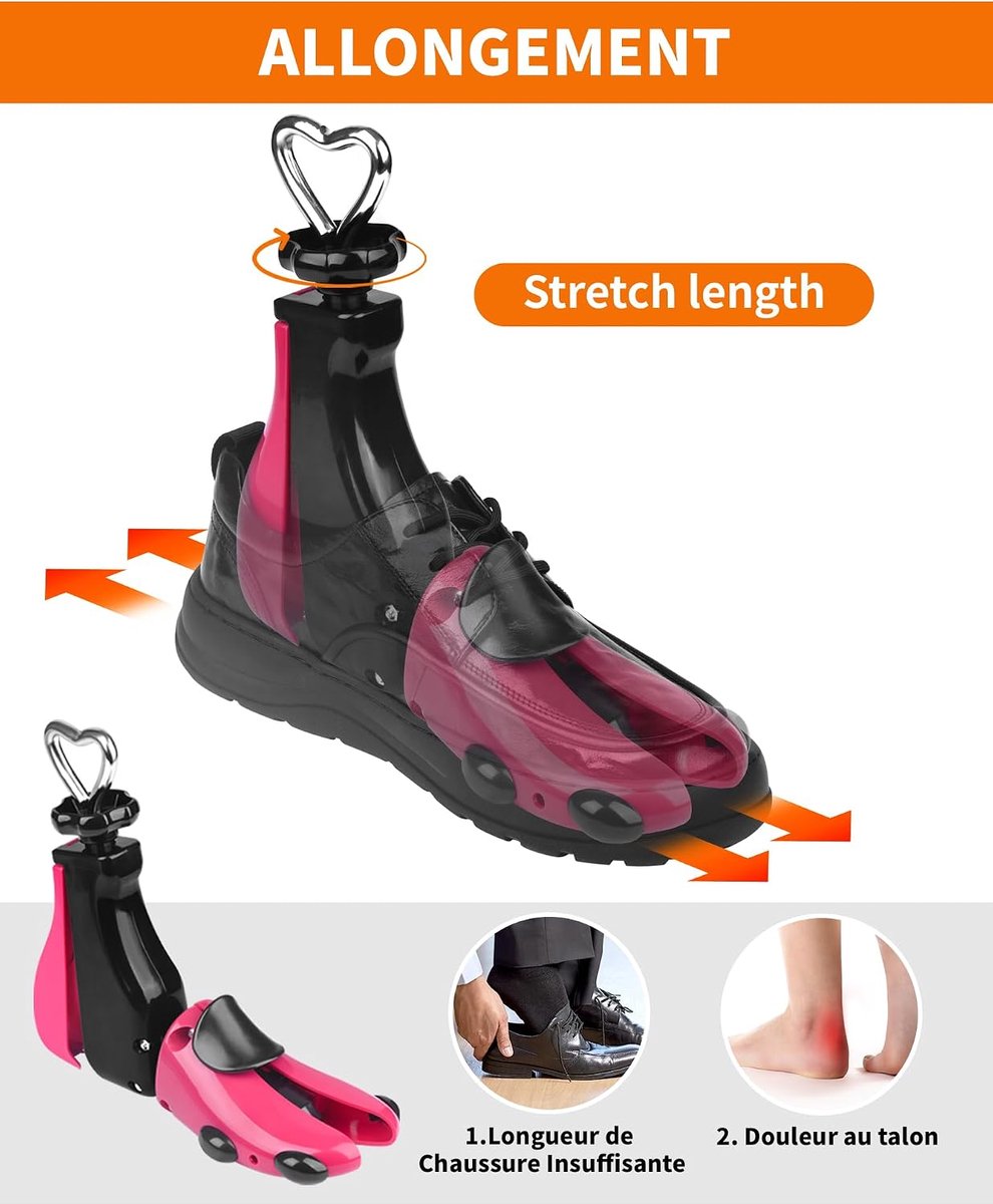 Schoenspanner voor heren en dames, kunststof, schoenafstandhouder, schoeninzetstuk met schoenlepel en opbergtas, Roze, 37-43