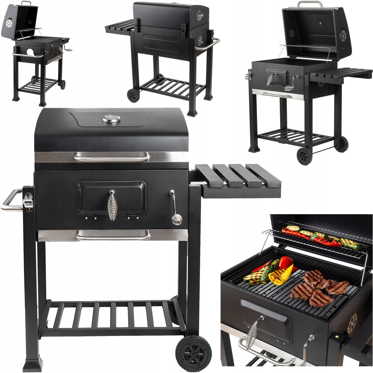 Grote houtskoolgrill met deksel, asbak en wielen - 113x105x55cm