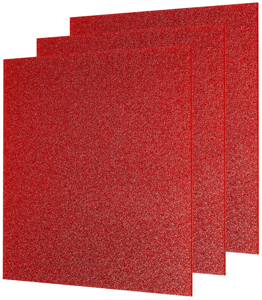 3 stuks acrylvellen met rode glitter, dikte 1/8 inch, 20 x 20 cm, glanzend, fluorescerend, geëxtrudeerd, transparant, voor knutselwerk, snijden en lasergraveren.