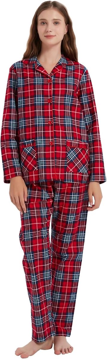 Flanellen pyjamaset met lange mouwen, dames, 100% katoenen pyjama met klassiek gekerfde kraag, jasje en broek met hoge taille