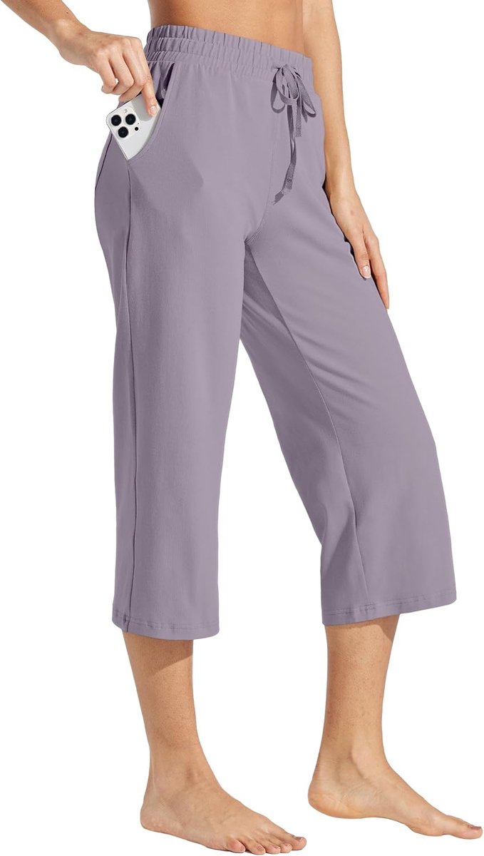 Capribroek voor dames, katoen, yoga, capri, casual loungebroek, brede pijpen, workout, joggingbroek met zakken, 50 cm