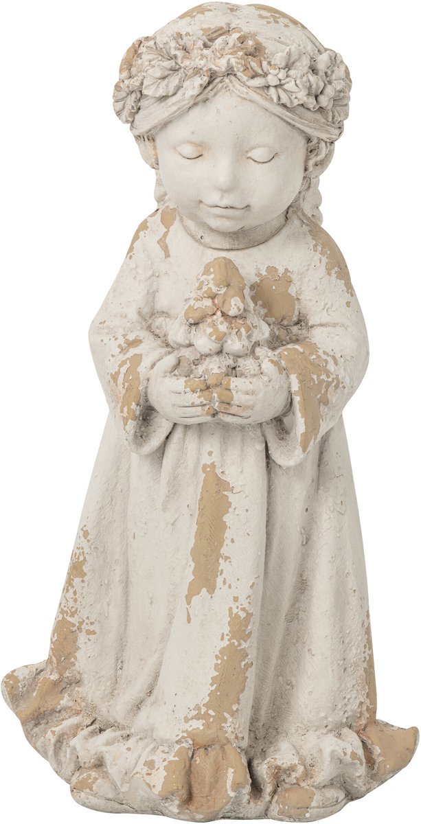 J-Line Engel met bloem voor buiten - magnesium - ecru/beige