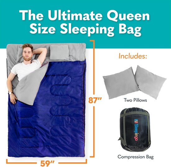 Dubbele Slaapzak - Tweepersoons Slaapzak - Kamperen Backpacken - Waterdicht Queensize - 221 x 149 cm - Blauw — afbeelding 4