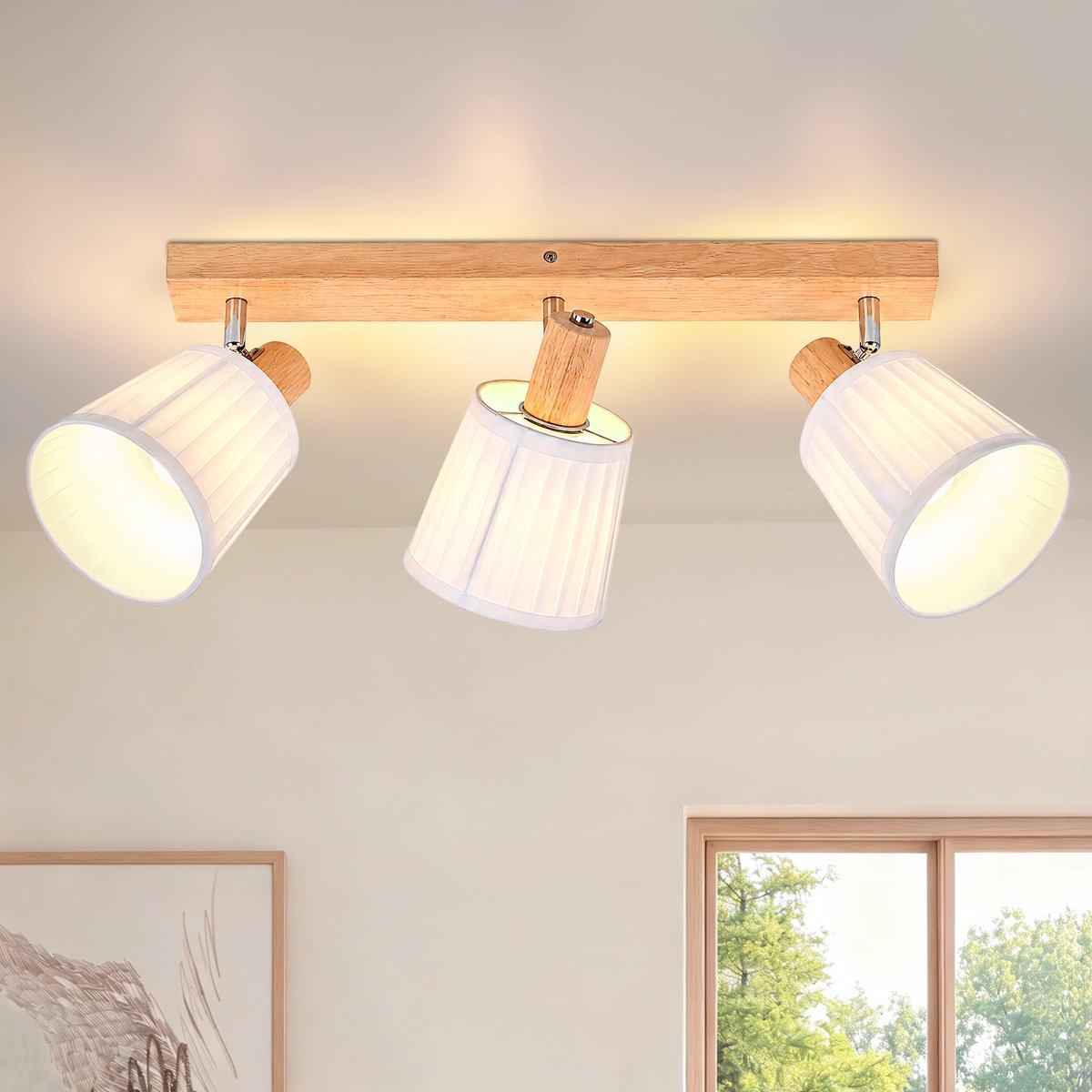 NETTLIFE 3-Flammige Plafondspot met Hout - E14 | 350° Draaibaar | Vintage Boho Design | Geschikt voor Woonkamer Slaapkamer & Keuken - Zonder Lampen