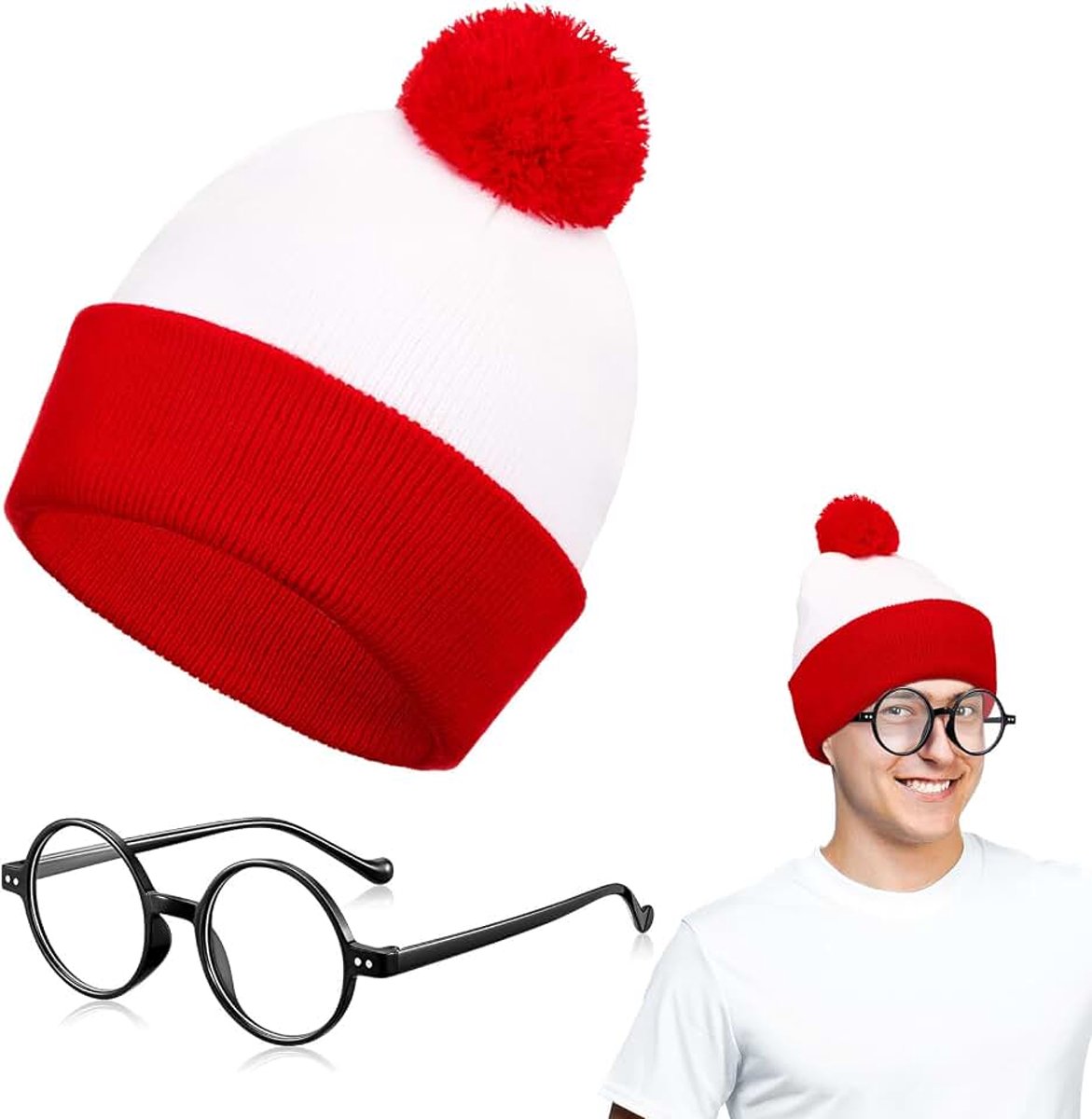 Carnavalsaccessoires, muts met pompon in rood en wit, ronde retrobril voor carnavalskostuum, Halloween-kostuum, accessoires voor cosplay-feestjes (2 stuks)