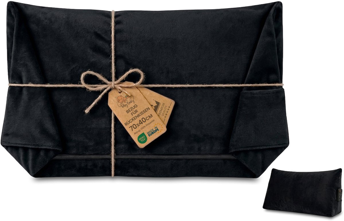 Hoes voor wigkussen/rugkussen van fluweel, 70 cm breed – overtrek voor leeskussen voor bed, bank en sofa; groot bankkussen en wandkussen; leeskussen/steunkussen voor rugleuning Oeko-Tex Zwart