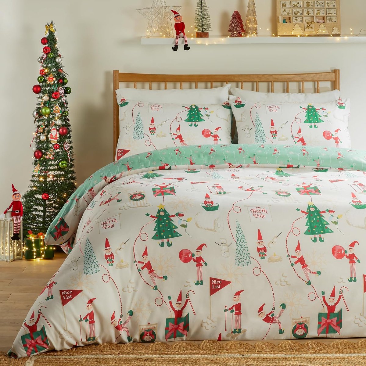 furn. Dekbedovertrek Dag Elfie Dekbedovertrek Set (Cream/Mint - King) | Soft Touch Omkeerbaar Feestelijk Seizoensgebonden Vakantie Kerst Elf Easycare Beddengoed