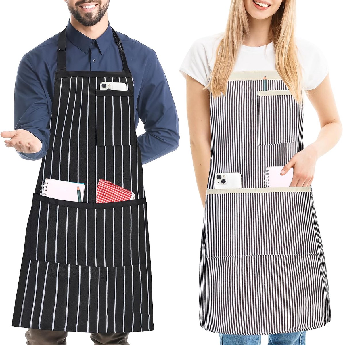 2 Stuks Streep Keuken Koken Schort voor Mannen Vrouwen Verstelbare Bib Schort met 3 Zakken Chef Schort voor Tuinieren Bakken, 68 * 80 cm