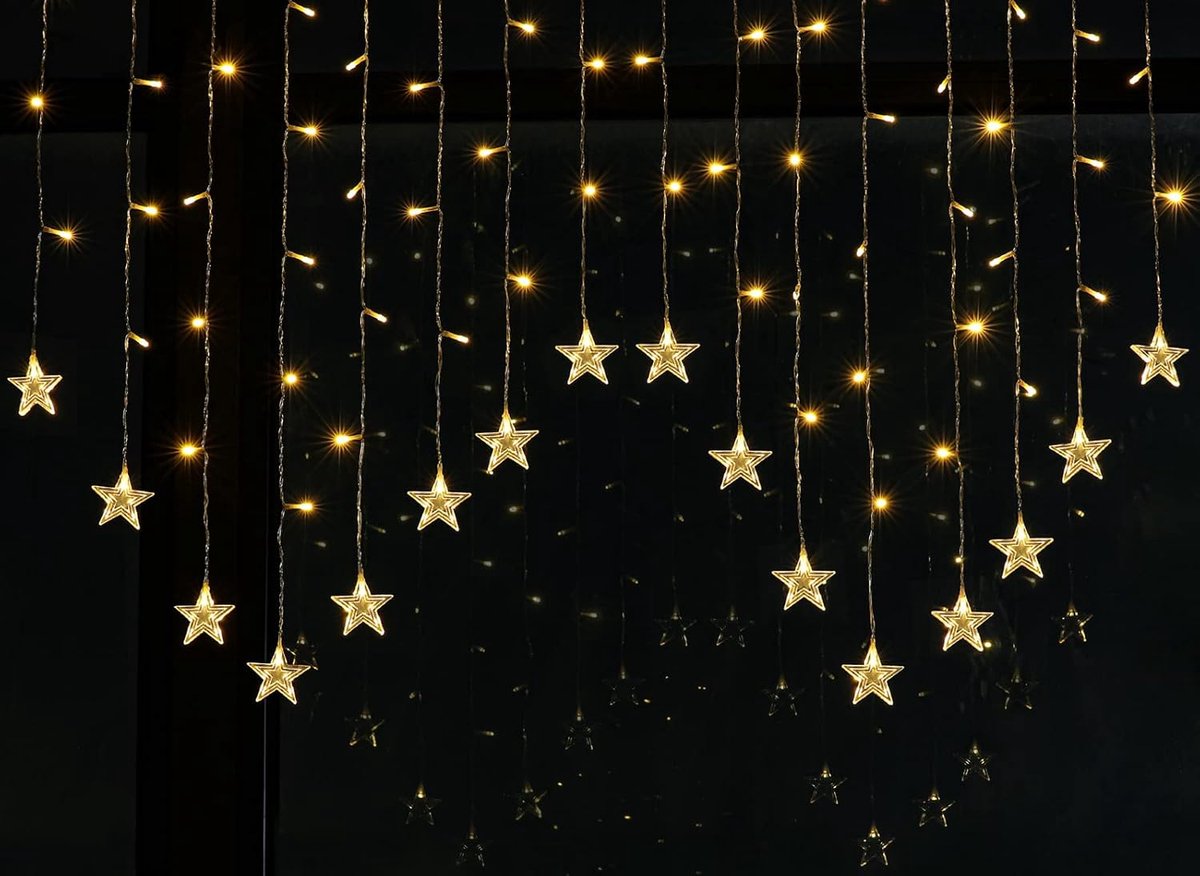 Lichtsnoer met sterren, kerstverlichting, warm wit, 2 x 1 m, lichtgordijn, kerstverlichting, raamverlichting, lichtketting, kerstdecoratie, voor binnen op het raam, 8 verlichtingsstanden, 104 leds, USB-lichtkettinggordijn