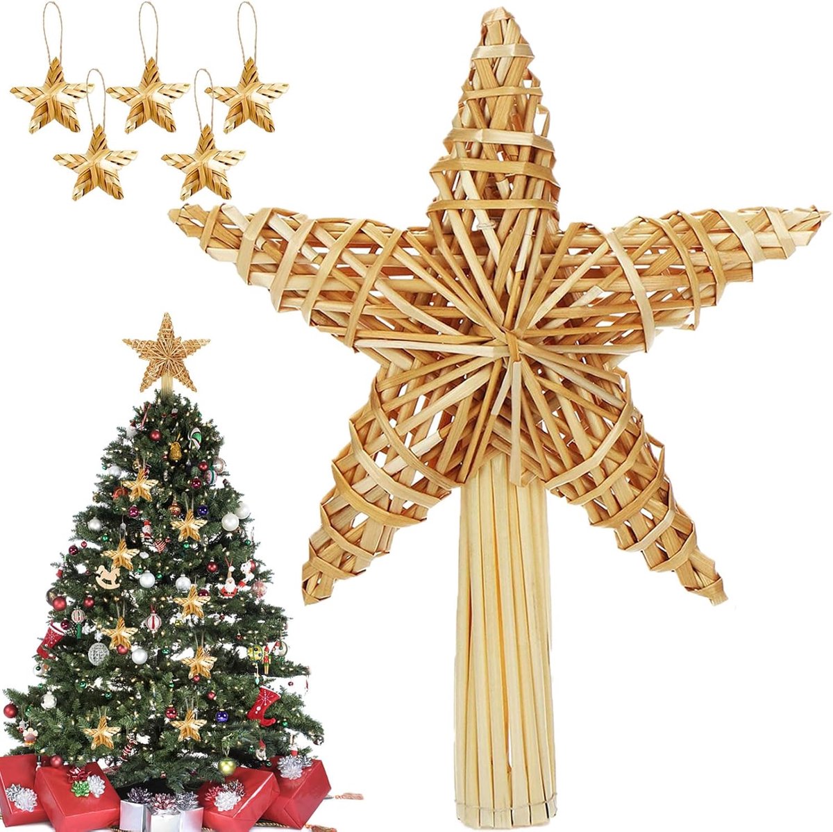 ster met 5 stuks mini-strosterren, 20 x 30,5 cm, kerstboomster van natuurlijk stro, boompiek, ster, Kerstmis, voor kerstboomversiering
