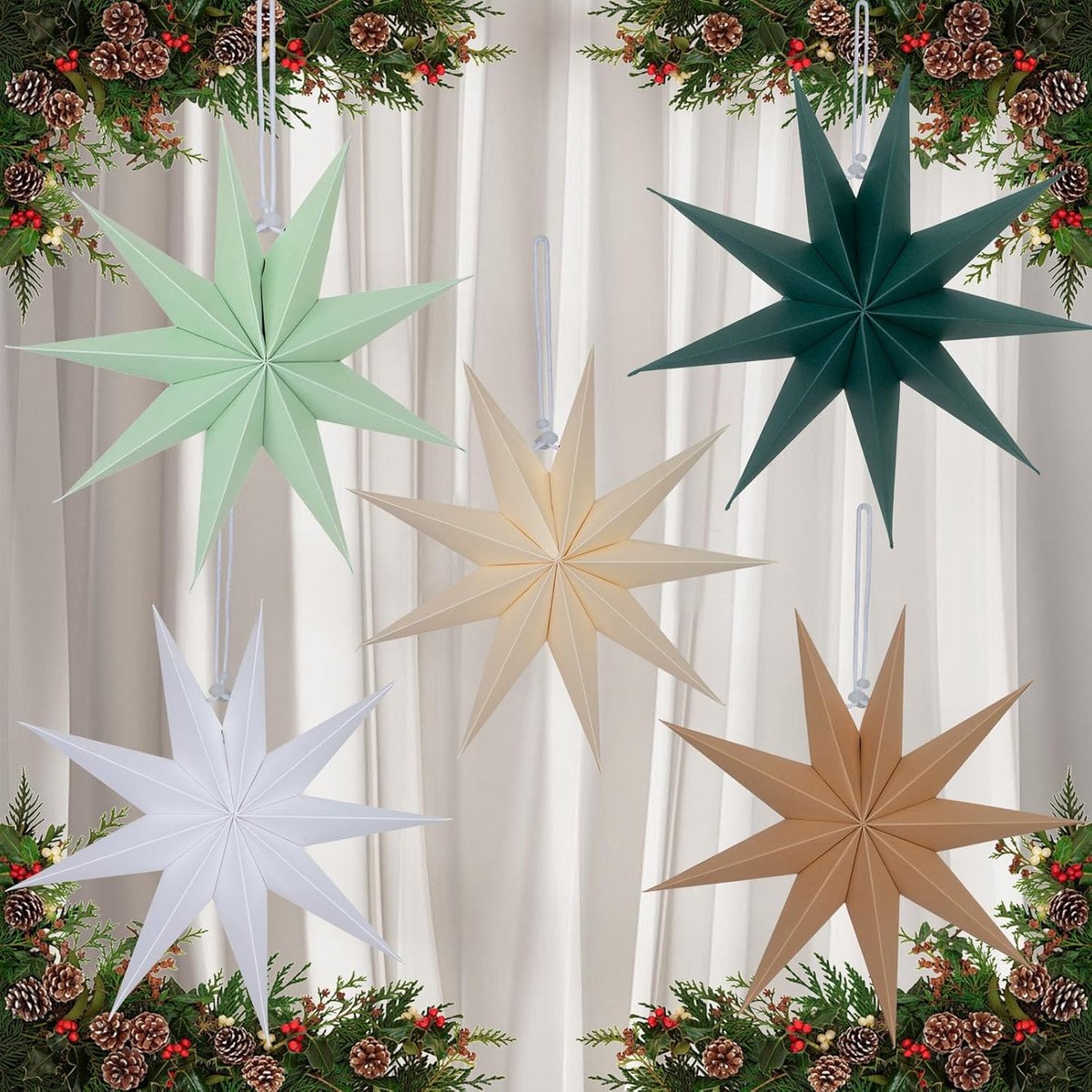 sterren Kerstmis 5-delige set papieren sterren om op te hangen, 30 cm, papieren ster, 9 punten, kerstdecoratie, saliegroen, voor Kerstmis, advent, bruiloft, verjaardag, raam, nieuwjaar