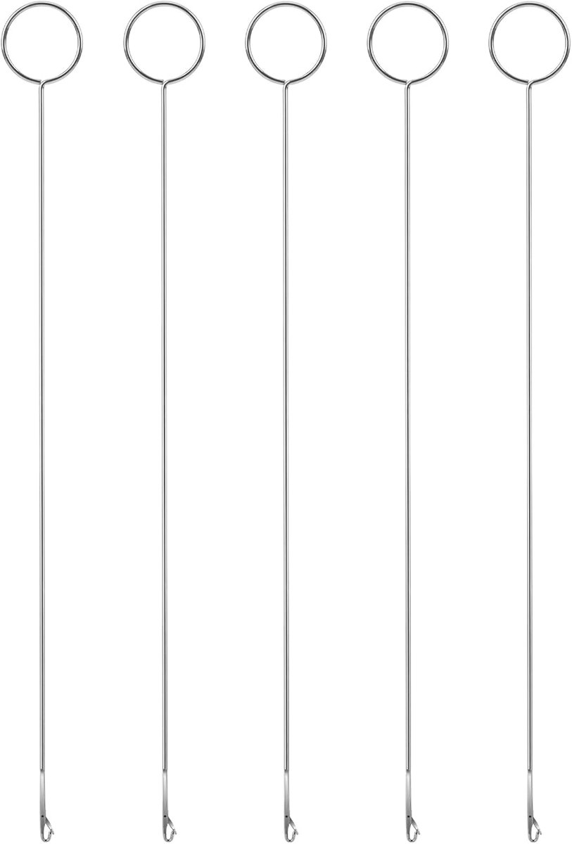 5 stuks lange haaknaalden, met naaigereedschap, inrijger, riemnaalden, stoffen linten (25 cm)