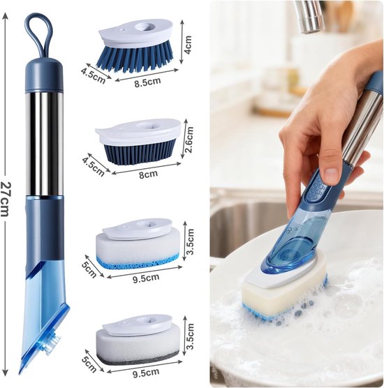 Afwasborstel met dispenser, 27 cm, afwasborstel met lange handgreep, met 4 reservekoppen, duurzaam en duurzaam, voor het reinigen van servies, potten en nog veel meer, blauw — afbeelding 3