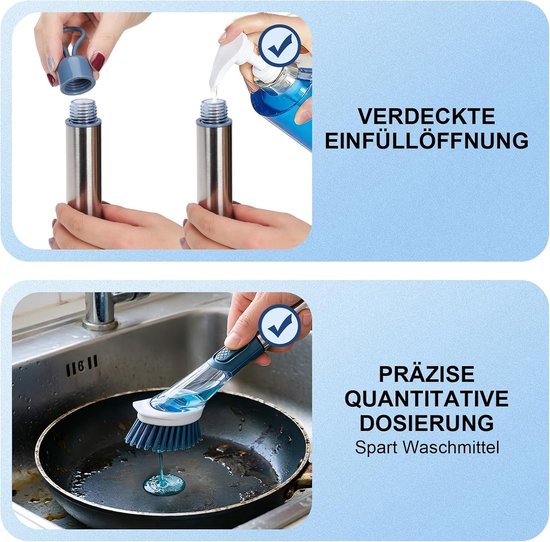 Afwasborstel met afwasmiddeldispenser, keukenborstel met ergonomische lange handgreep, 4 hoogwaardige verwisselbare koppen (nylon, siliconen, spons), afwasborstel voor spoelreiniging, pan — afbeelding 2