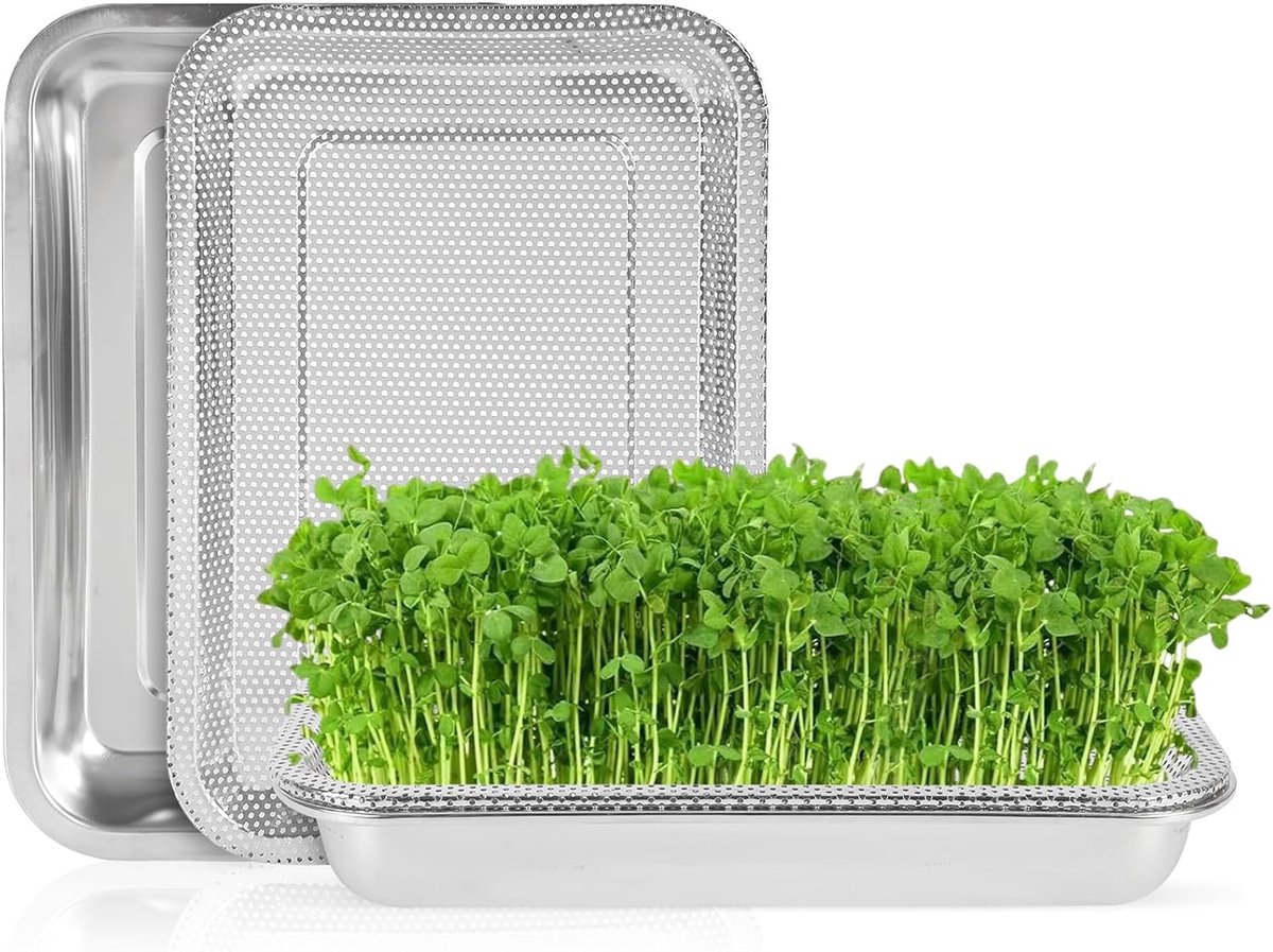 Kiemschalen voor kiemen, set van 2 roestvrijstalen tuinkersschalen met tuinkerszeef, tuinkers & microgreens kweekschalen, zaaigkiembak, kiembox, kweek van mungbonen, alfalfa tarwegras